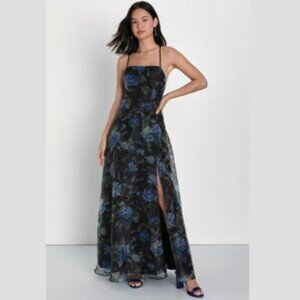 Glamorous Expression Black Floral Organza Lace-Up Maxi Dress sz 12